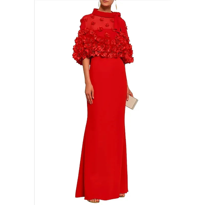 Romantic Mermaid High-Neck 3/4 Sleeve Floral Appliqué Red Floor-Length Evening Dress For Women Ready To Ship