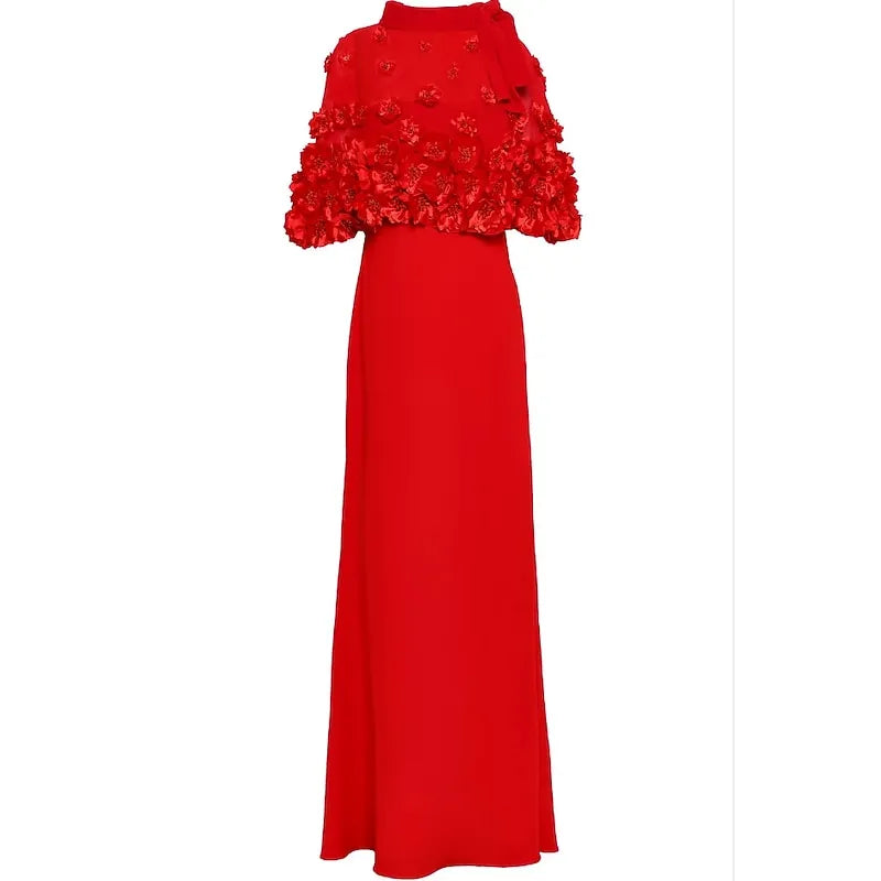 Romantic Mermaid High-Neck 3/4 Sleeve Floral Appliqué Red Floor-Length Evening Dress For Women Ready To Ship