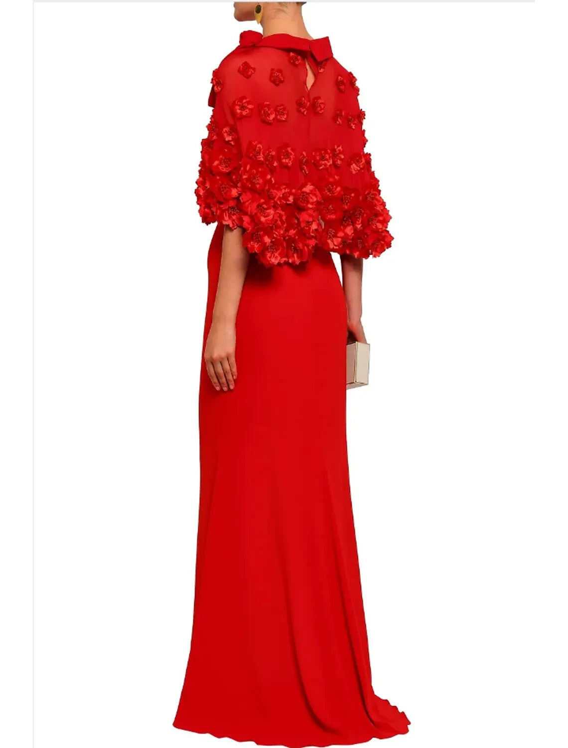 Romantic Mermaid High-Neck 3/4 Sleeve Floral Appliqué Red Floor-Length Evening Dress For Women Ready To Ship