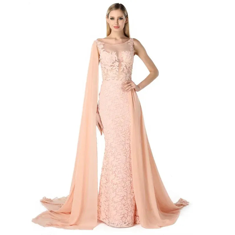 Romantic Mermaid Illusion-neck Sleeveless Lace-appliqued Blush Floor-length Prom Dress for Women Ready to Ship