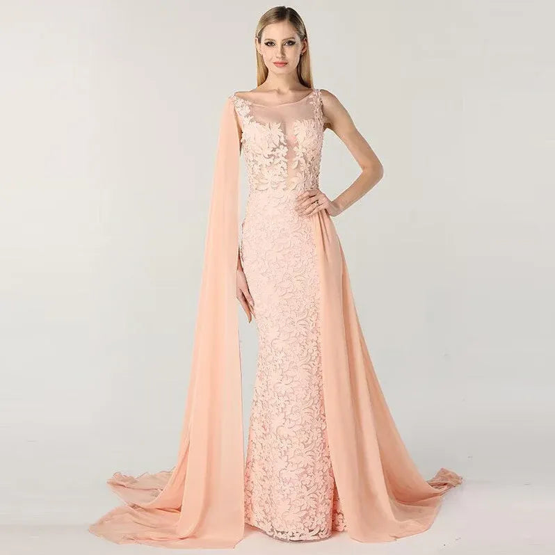 Romantic Mermaid Illusion-neck Sleeveless Lace-appliqued Blush Floor-length Prom Dress for Women Ready to Ship