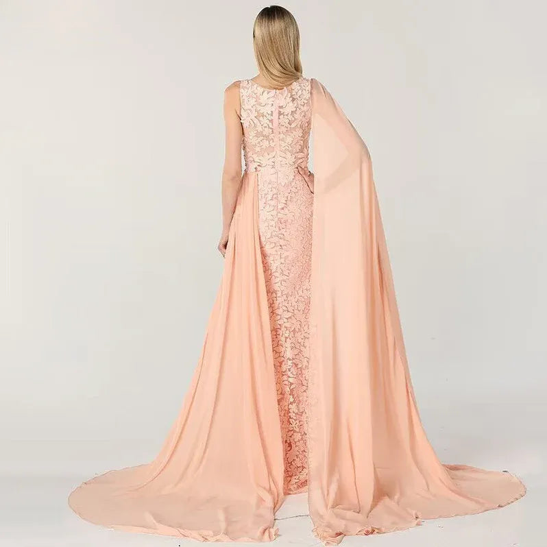 Romantic Mermaid Illusion-neck Sleeveless Lace-appliqued Blush Floor-length Prom Dress for Women Ready to Ship