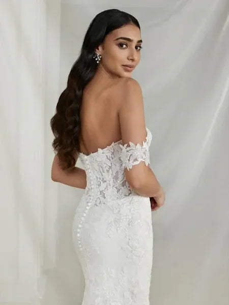 Romantic Mermaid Off-Shoulder Lace Applique White Long Wedding Dress For Sale