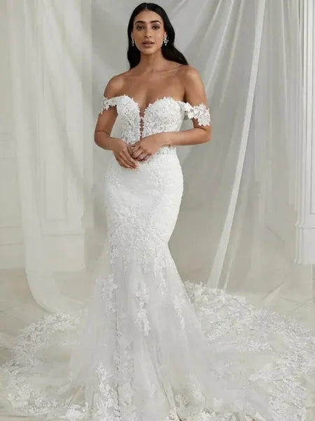 Romantic Mermaid Off-Shoulder Lace Applique White Long Wedding Dress For Sale