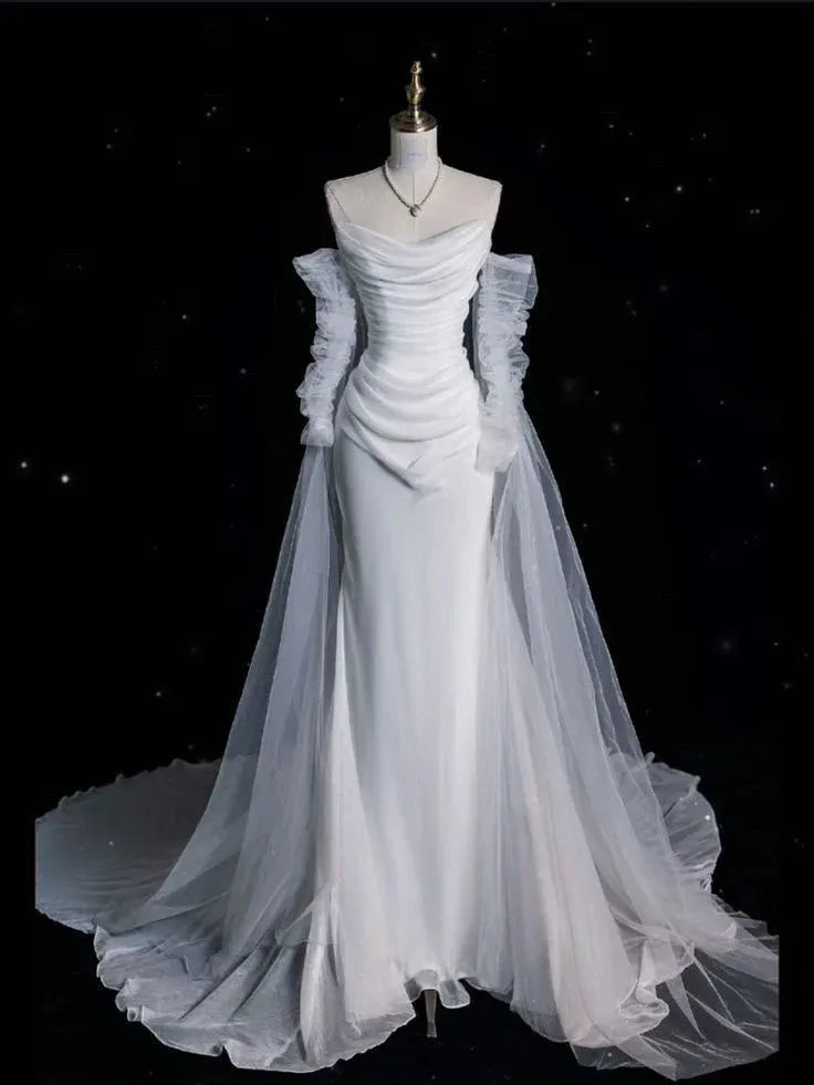 Romantic Mermaid Off-Shoulder Ruffled White Train-Length Prom Dress For Women Hot Sale