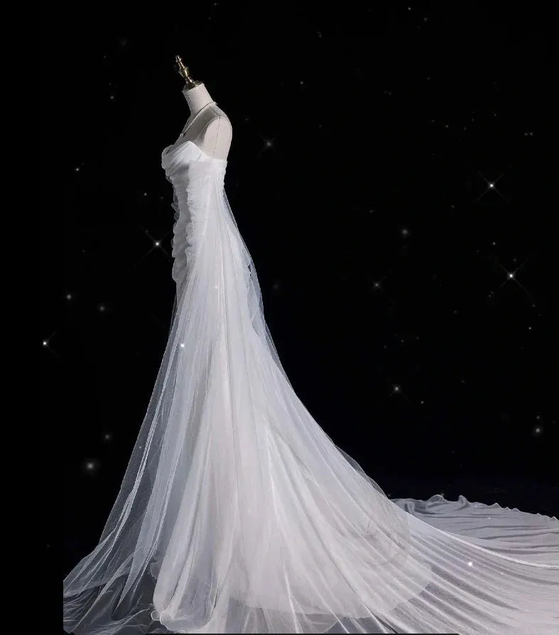 Romantic Mermaid Off-Shoulder Ruffled White Train-Length Prom Dress For Women Hot Sale