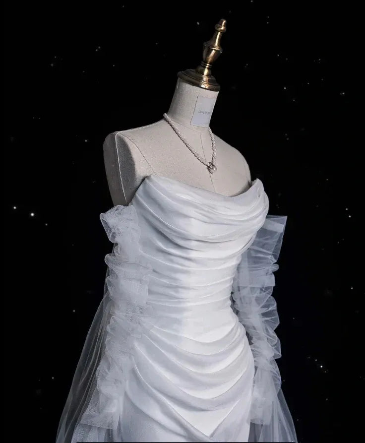 Romantic Mermaid Off-Shoulder Ruffled White Train-Length Prom Dress For Women Hot Sale