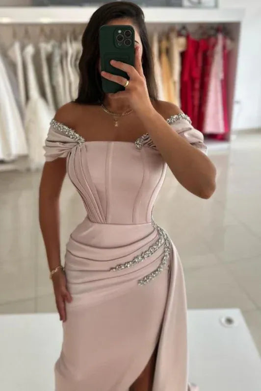 Romantic Mermaid Off-Shoulder Short-Sleeve Rhinestones Dusty Pink Maxi Prom Dress for Women Ready to Ship