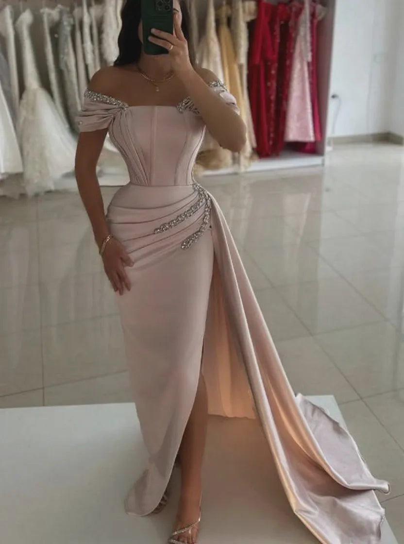 Romantic Mermaid Off-Shoulder Short-Sleeve Rhinestones Dusty Pink Maxi Prom Dress for Women Ready to Ship