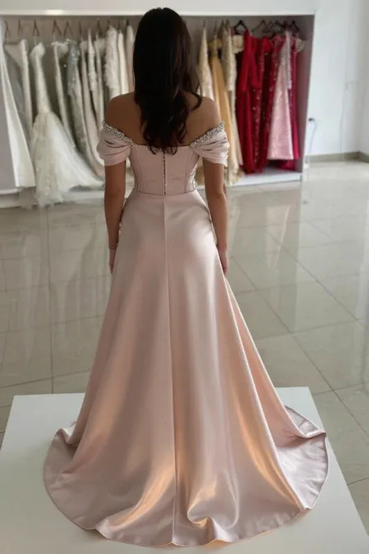 Romantic Mermaid Off-Shoulder Short-Sleeve Rhinestones Dusty Pink Maxi Prom Dress for Women Ready to Ship