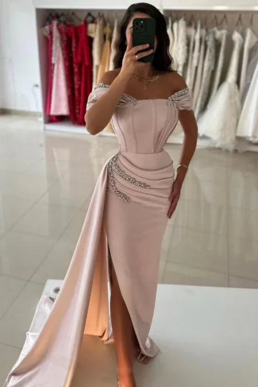 Romantic Mermaid Off-Shoulder Short-Sleeve Rhinestones Dusty Pink Maxi Prom Dress for Women Ready to Ship