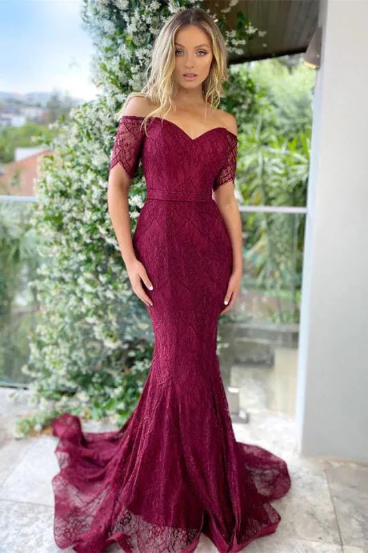 Romantic Mermaid Off-the-Shoulder Short Sleeve Lace Burgundy Floor Length Evening Dresses