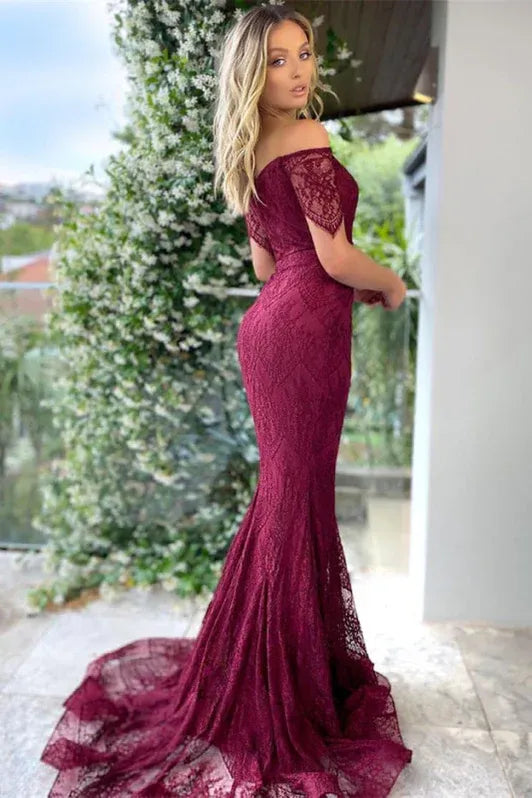 Romantic Mermaid Off-the-Shoulder Short Sleeve Lace Burgundy Floor Length Evening Dresses