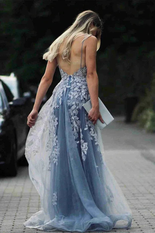 Romantic Mermaid Spaghetti-Strap Lace Applique Dusty Blue Prom Dress With Train