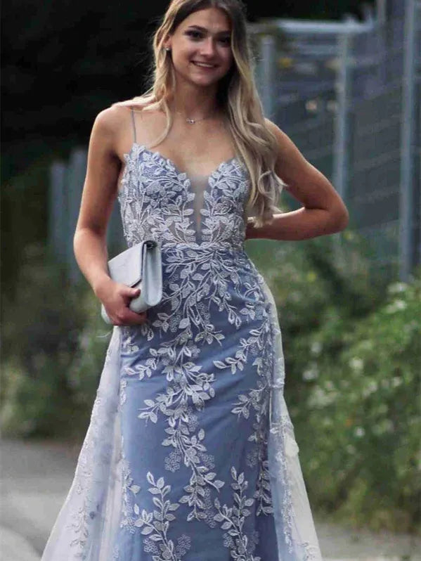 Romantic Mermaid Spaghetti-Strap Lace Applique Dusty Blue Prom Dress With Train