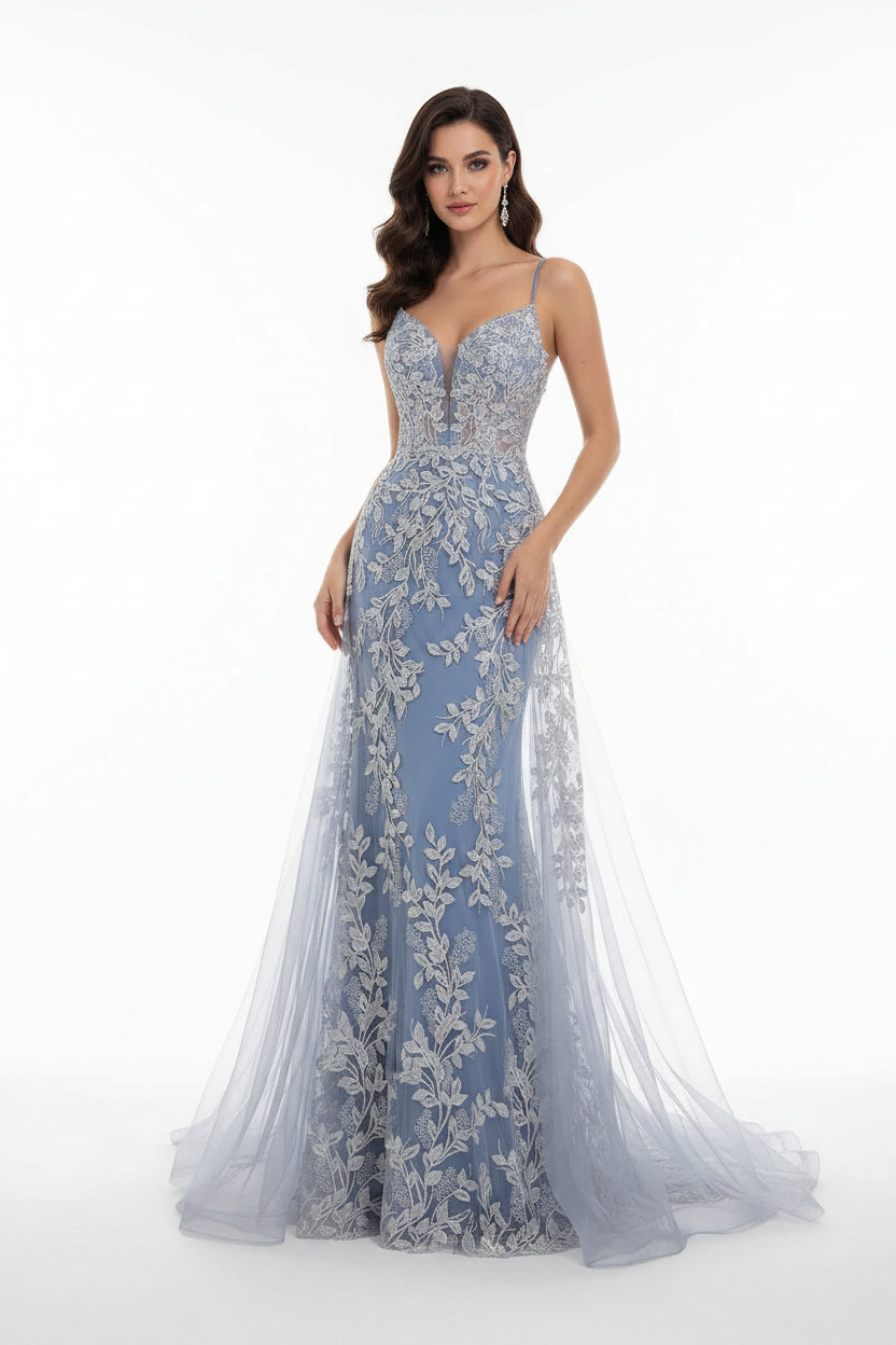 Romantic Mermaid Spaghetti-Strap Lace Applique Dusty Blue Prom Dress With Train