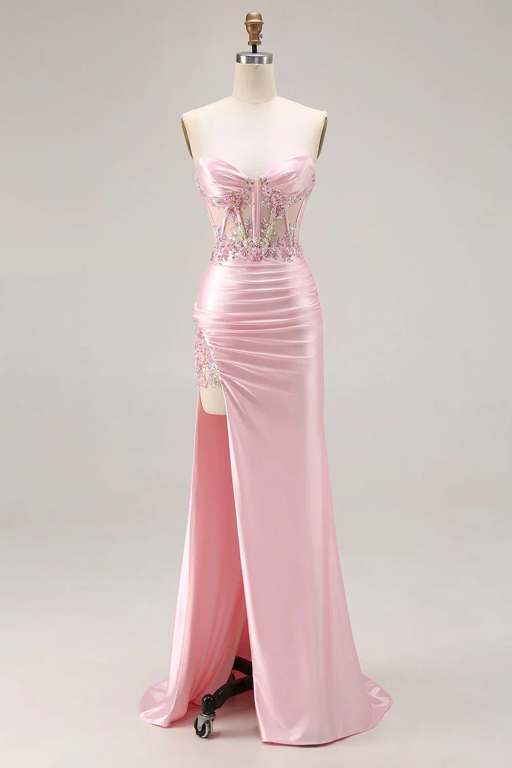 Romantic Mermaid Strapless Corset Sequins Floral Appliqued Blush Evening Dress