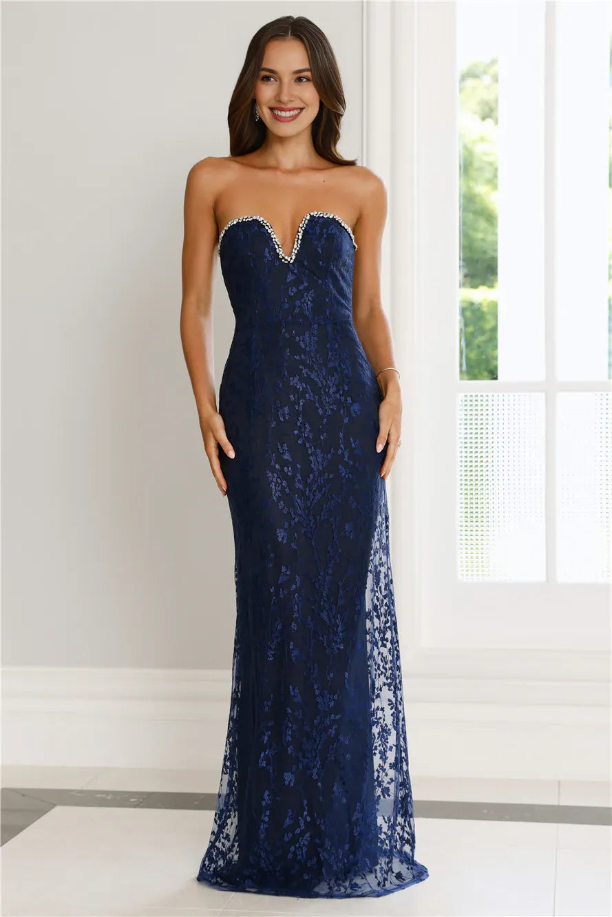 Romantic Mermaid Strapless Slit Back Navy Floor Length Evening Dress With Rhinestones
