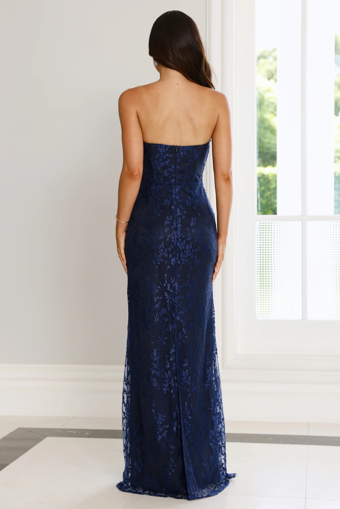Romantic Mermaid Strapless Slit Back Navy Floor Length Evening Dress With Rhinestones