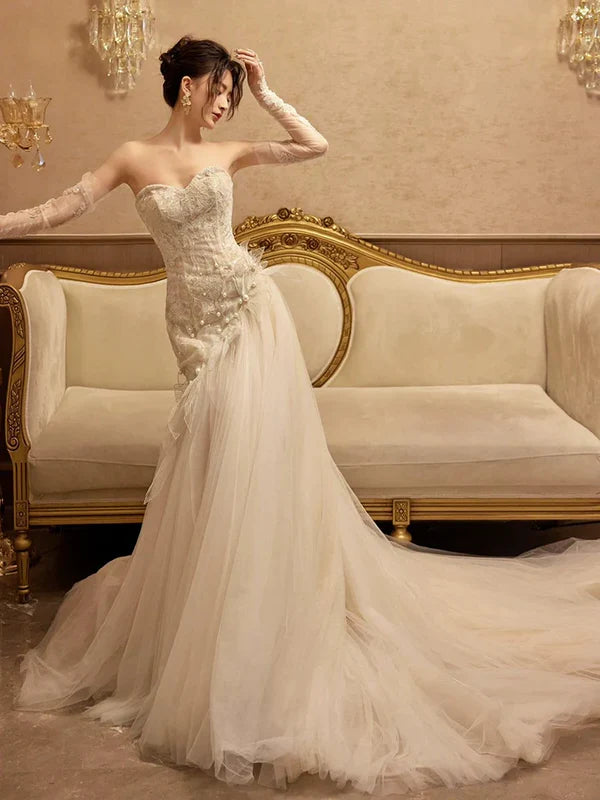 Romantic Mermaid Sweetheart Sleeveless Lace Applique Ivory Floor-Length Prom Dress For Women Ready To Ship