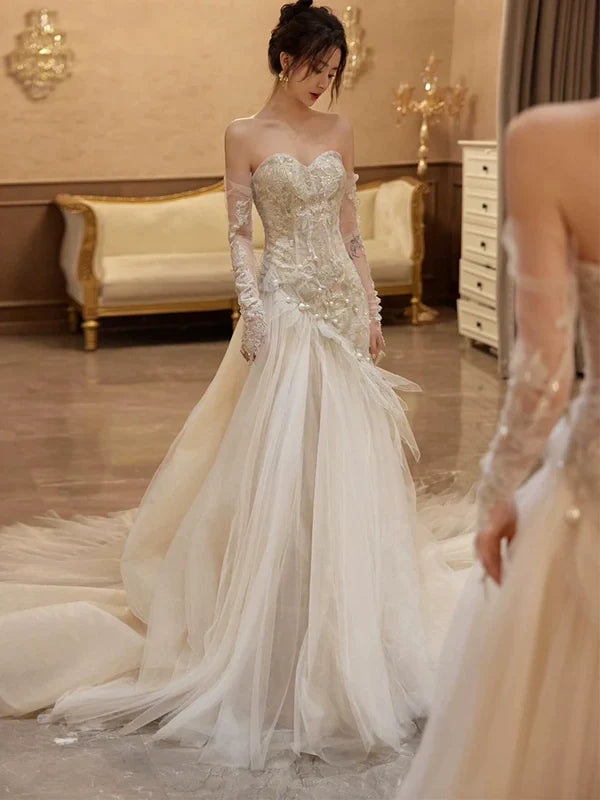 Romantic Mermaid Sweetheart Sleeveless Lace Applique Ivory Floor-Length Prom Dress For Women Ready To Ship