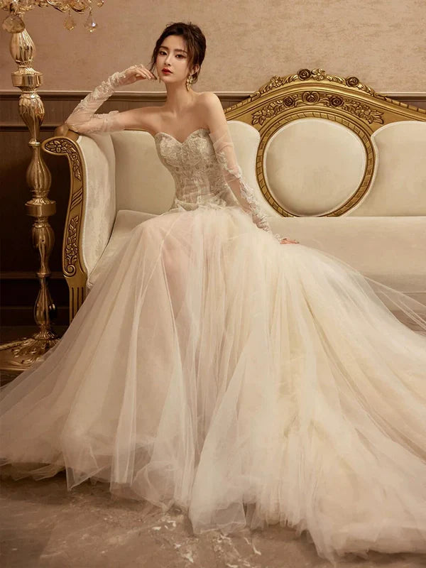 Romantic Mermaid Sweetheart Sleeveless Lace Applique Ivory Floor-Length Prom Dress For Women Ready To Ship