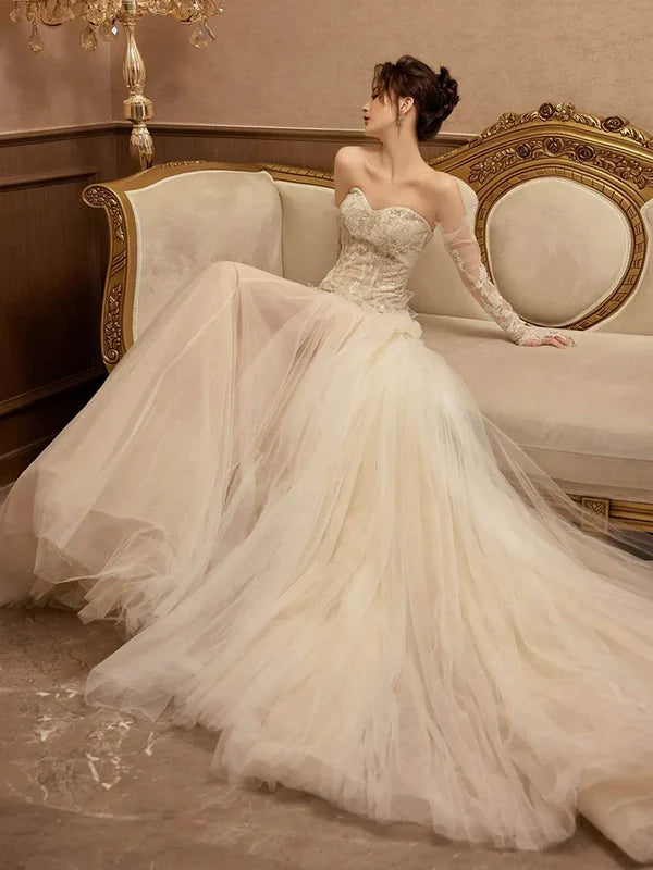 Romantic Mermaid Sweetheart Sleeveless Lace Applique Ivory Floor-Length Prom Dress For Women Ready To Ship