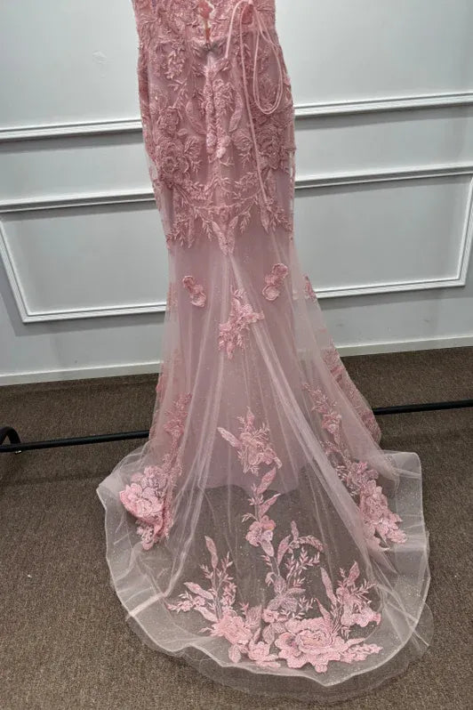 Romantic Mermaid V-Neck Sleeveless Lace Pink Maxi Evening Dress for Women Ready to Ship