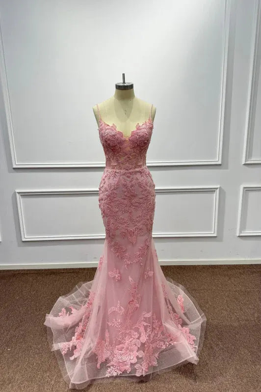 Romantic Mermaid V-Neck Sleeveless Lace Pink Maxi Evening Dress for Women Ready to Ship