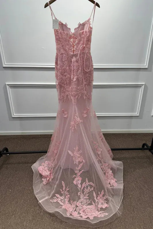 Romantic Mermaid V-Neck Sleeveless Lace Pink Maxi Evening Dress for Women Ready to Ship