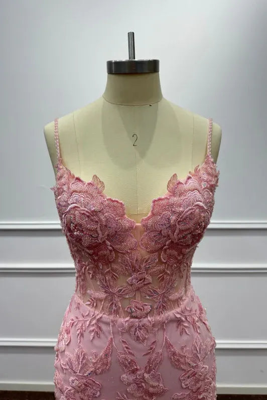 Romantic Mermaid V-Neck Sleeveless Lace Pink Maxi Evening Dress for Women Ready to Ship