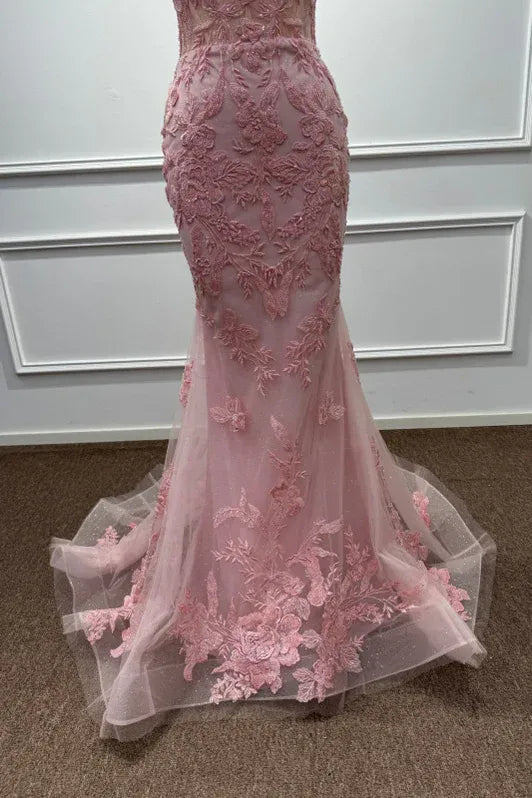 Romantic Mermaid V-Neck Sleeveless Lace Pink Maxi Evening Dress for Women Ready to Ship