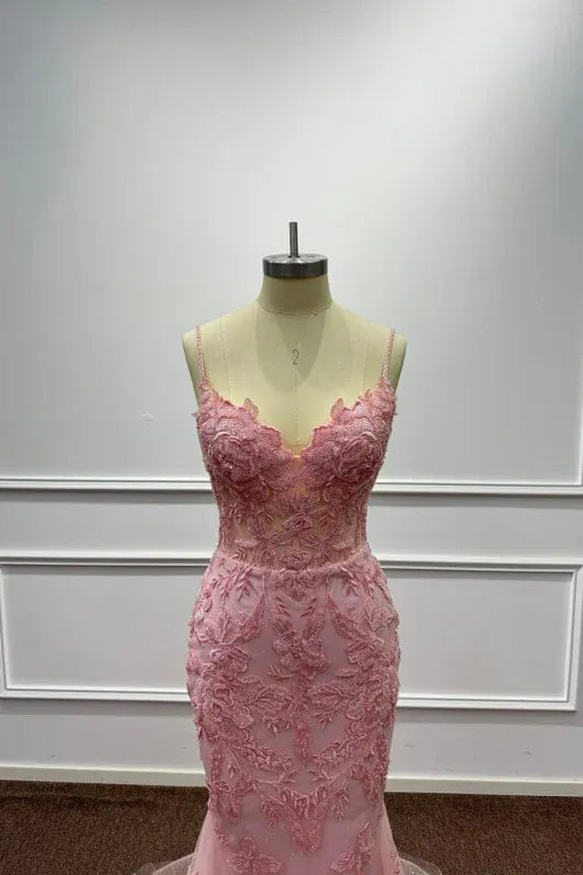 Romantic Mermaid V-Neck Sleeveless Lace Pink Maxi Evening Dress for Women Ready to Ship