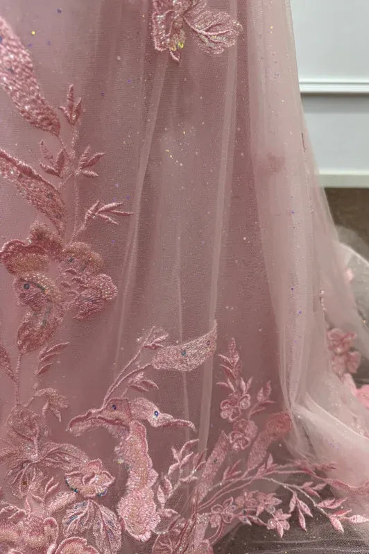 Romantic Mermaid V-Neck Sleeveless Lace Pink Maxi Evening Dress for Women Ready to Ship
