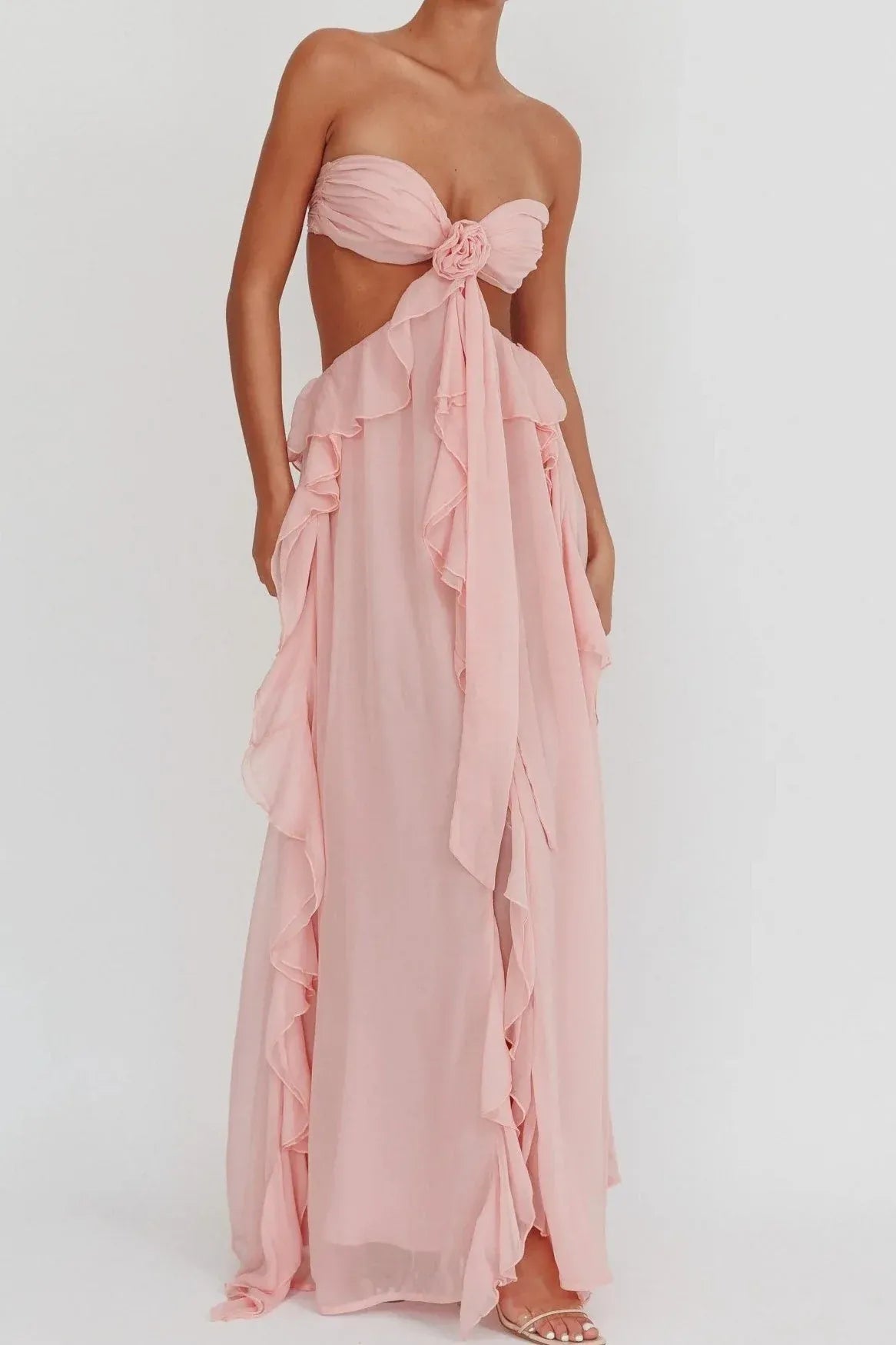 Romantic Strapless Ruffled Cutout Waist Pink Floor-Length Prom Dress Hot Sale