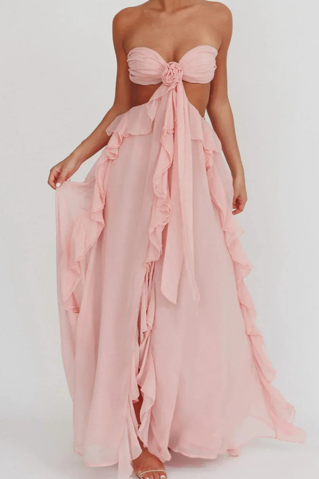 Romantic Strapless Ruffled Cutout Waist Pink Floor-Length Prom Dress Hot Sale