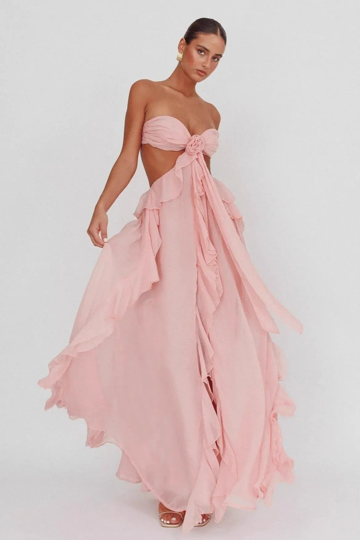 Romantic Strapless Ruffled Cutout Waist Pink Floor-Length Prom Dress Hot Sale