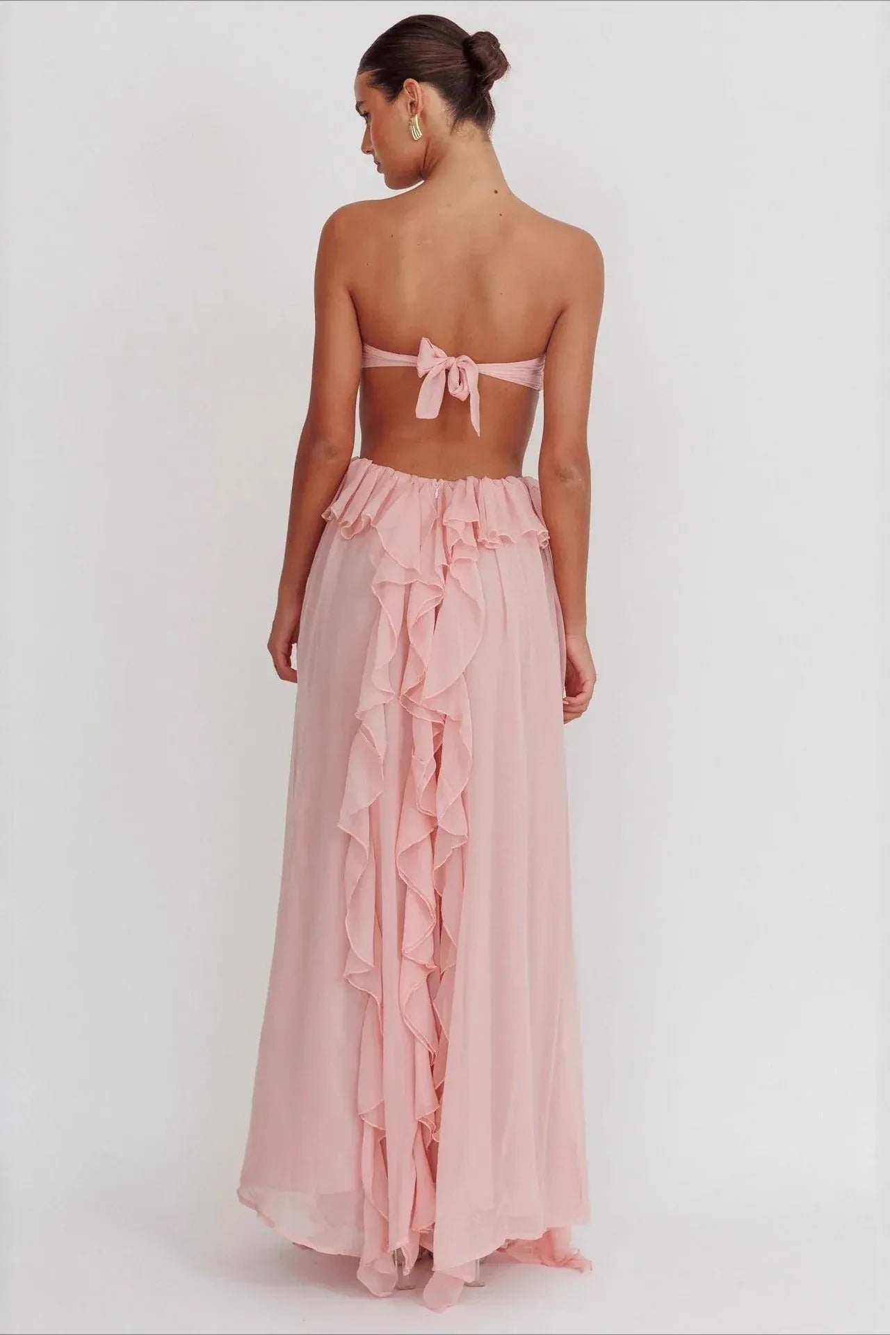 Romantic Strapless Ruffled Cutout Waist Pink Floor-Length Prom Dress Hot Sale