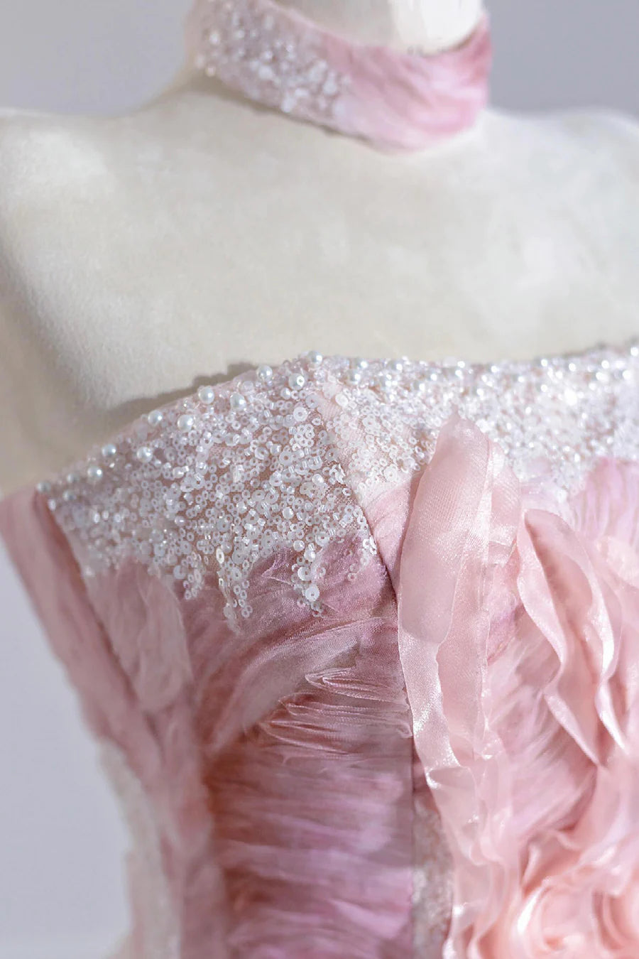 Romantic Pink Sequins Strapless A-Line Long Prom Dress Evening Party Dress