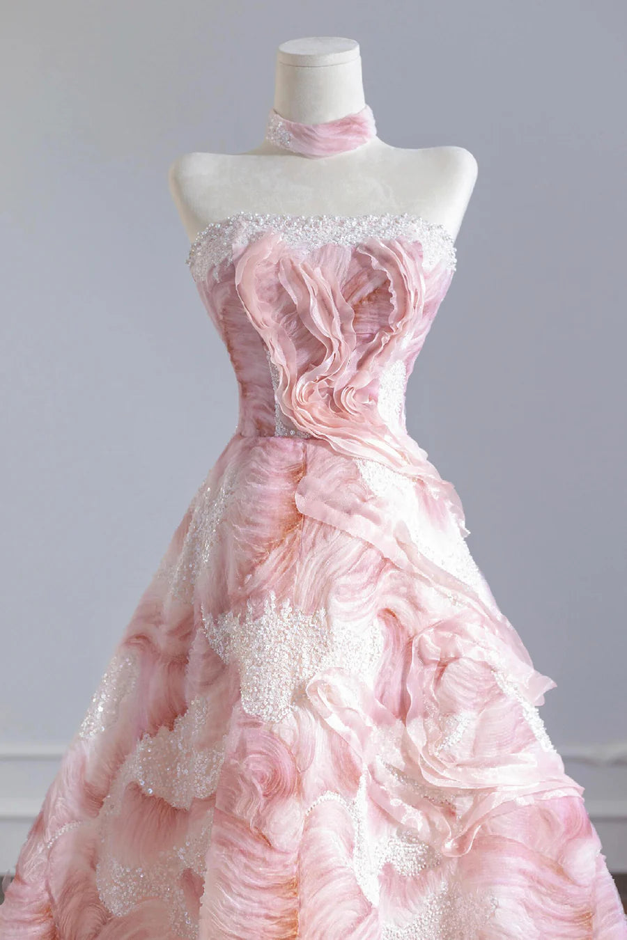 Romantic Pink Sequins Strapless A-Line Long Prom Dress Evening Party Dress