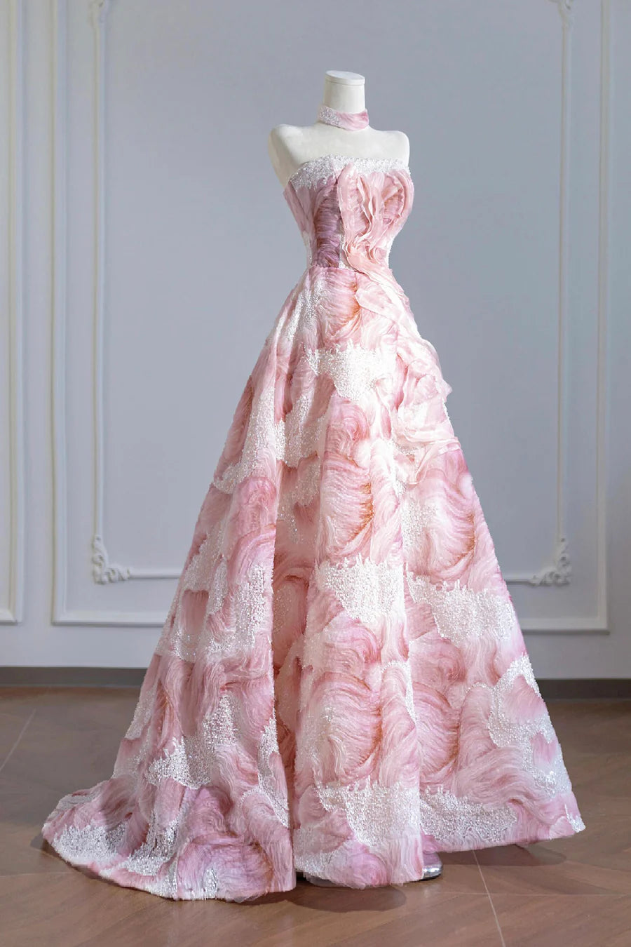 Romantic Pink Sequins Strapless A-Line Long Prom Dress Evening Party Dress