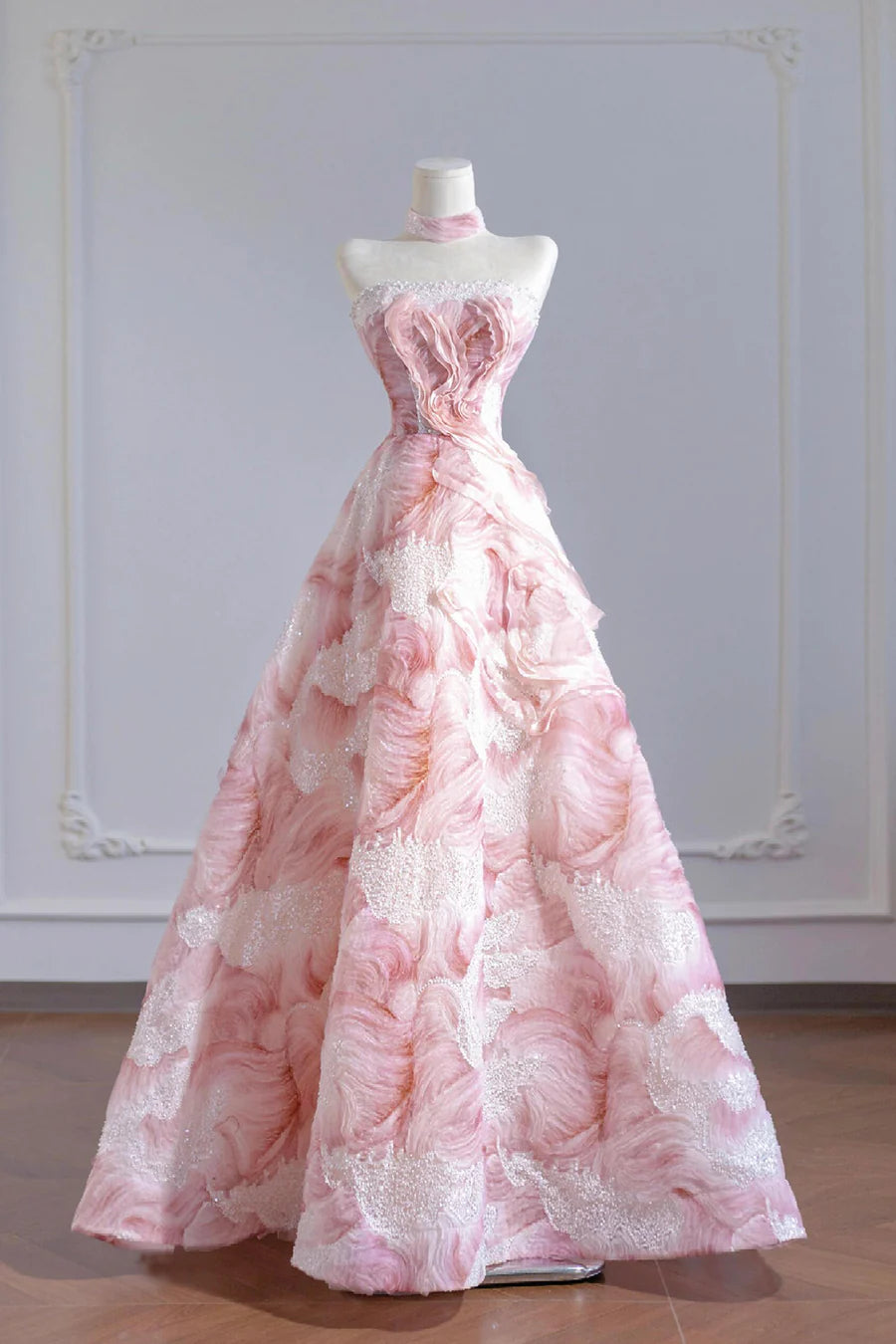 Romantic Pink Sequins Strapless A-Line Long Prom Dress Evening Party Dress