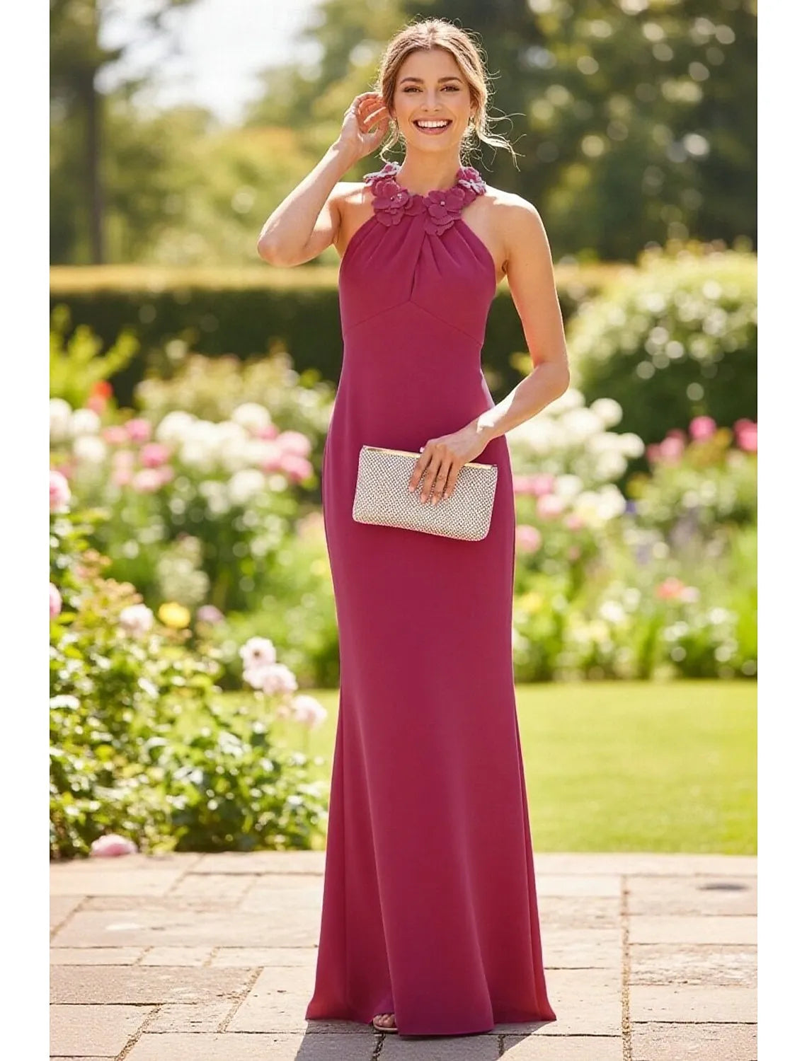 Romantic Sheath Halter Floral Applique Orchid Floor Length Evening Dress
