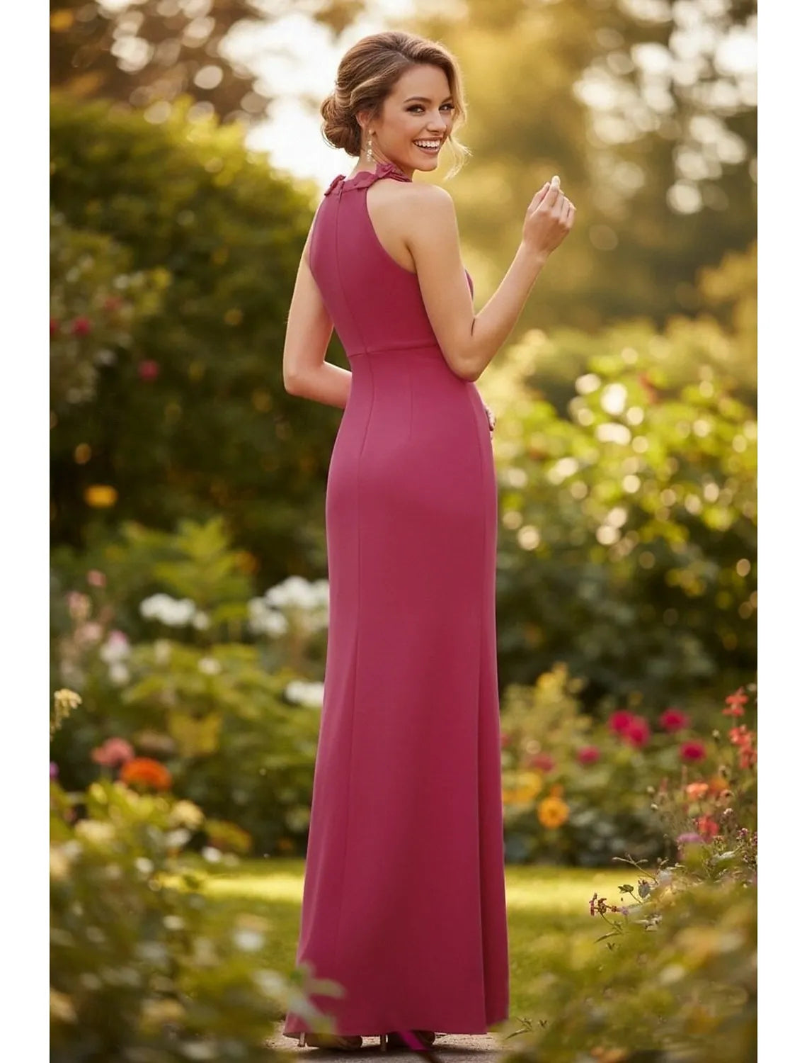 Romantic Sheath Halter Floral Applique Orchid Floor Length Evening Dress