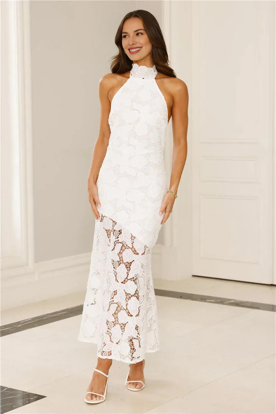 Romantic Sheath Halter Sleeveless Floral Lace White Midi Evening Dress Ready To Ship