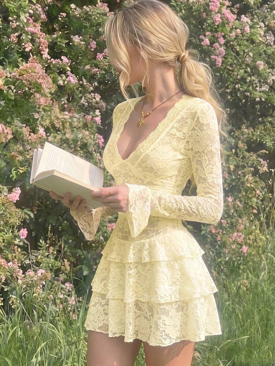 Romantic A-Line Deep V-Neck Long Sleeve Tiered Lace Light Yellow Mini Homecoming Dress