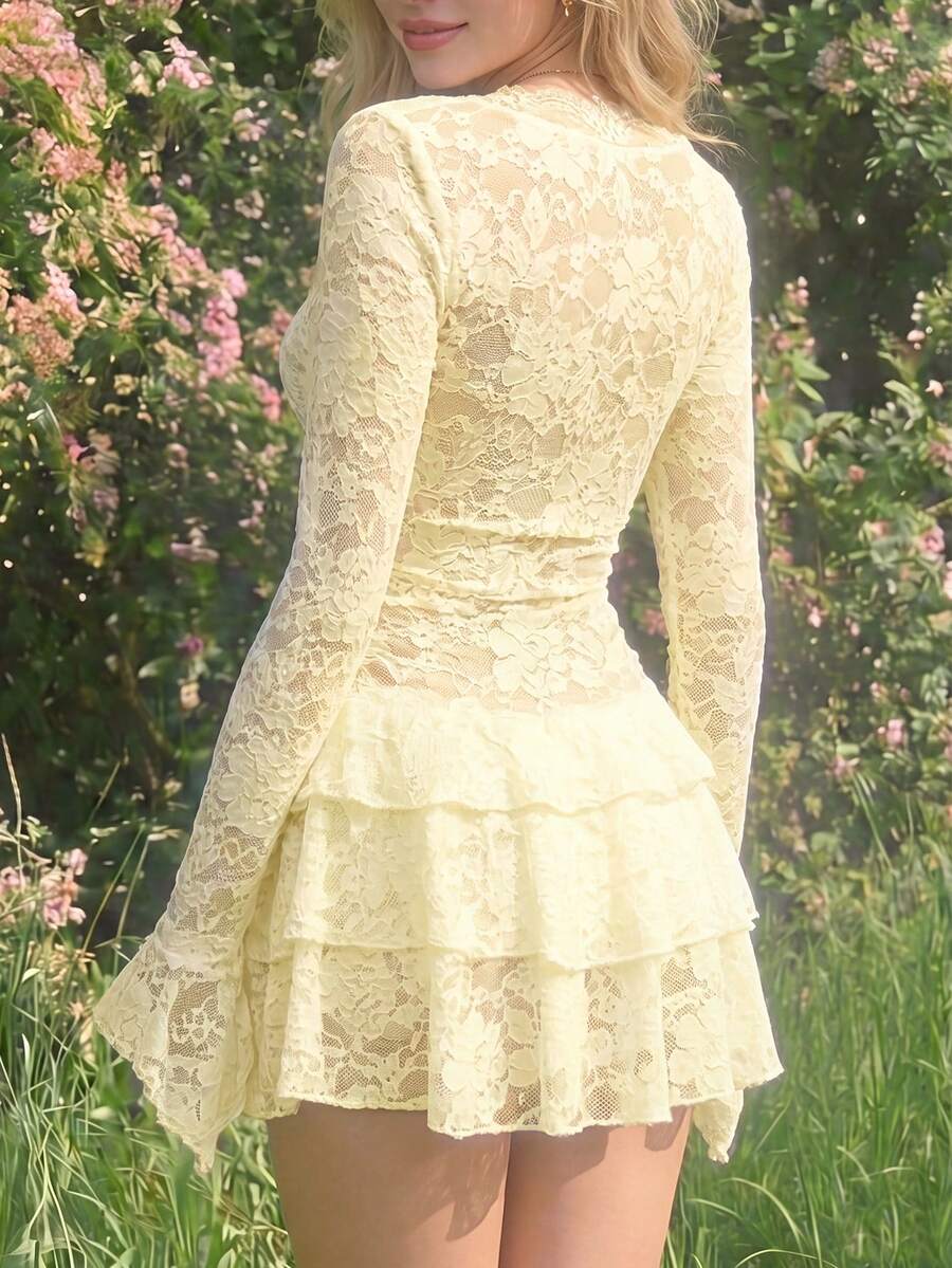 Romantic A-Line Deep V-Neck Long Sleeve Tiered Lace Light Yellow Mini Homecoming Dress