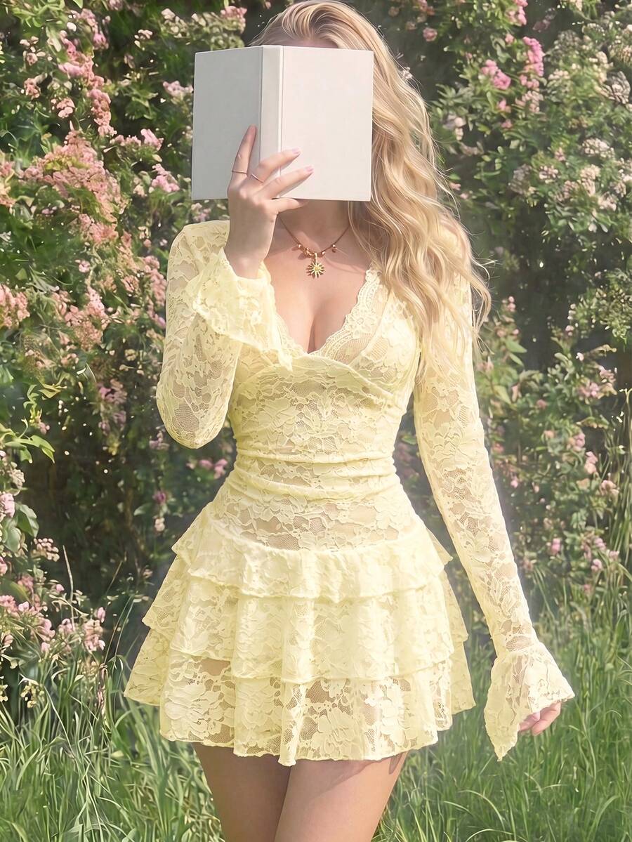 Romantic A-Line Deep V-Neck Long Sleeve Tiered Lace Light Yellow Mini Homecoming Dress
