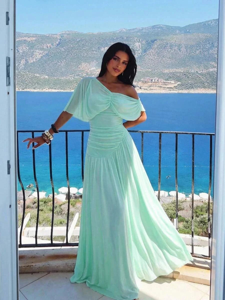 Romantic A-Line One-Shoulder Cap Sleeve Ruched Mesh Mint Green Floor-Length Prom Dress