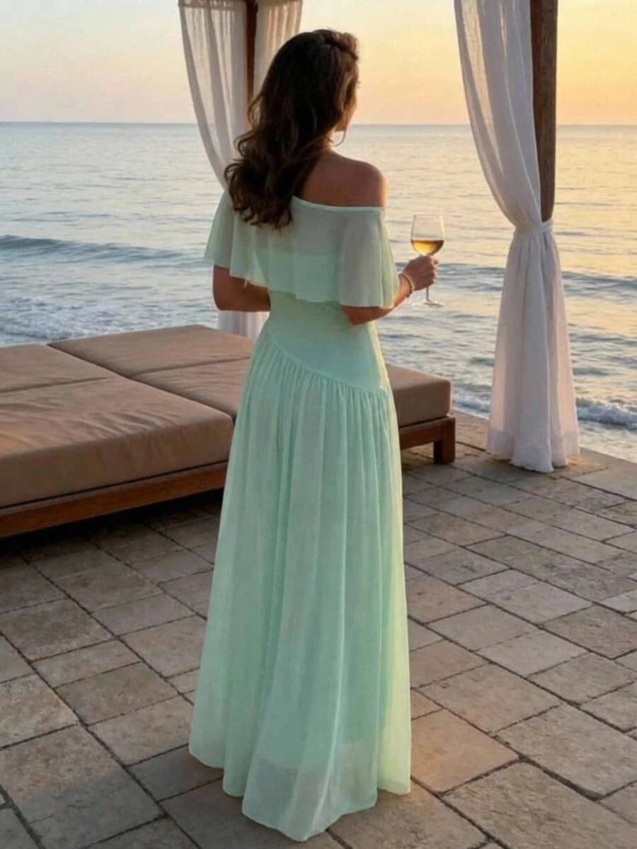 Romantic A-Line One-Shoulder Cap Sleeve Ruched Mesh Mint Green Floor-Length Prom Dress